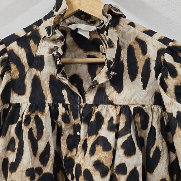 H&M Animal Print Romance Cotton Top Puff Shoulders - Picture 3 of 6